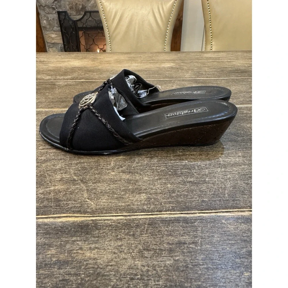 Brighton‎ Lilian Black Leather Wedge Mules Size 8 Silver